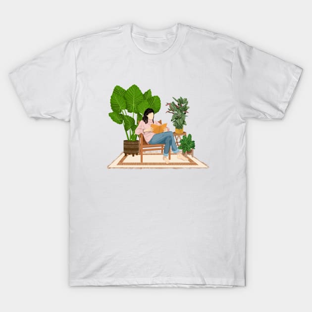 Reading and plants illustration 2 T-Shirt by gusstvaraonica